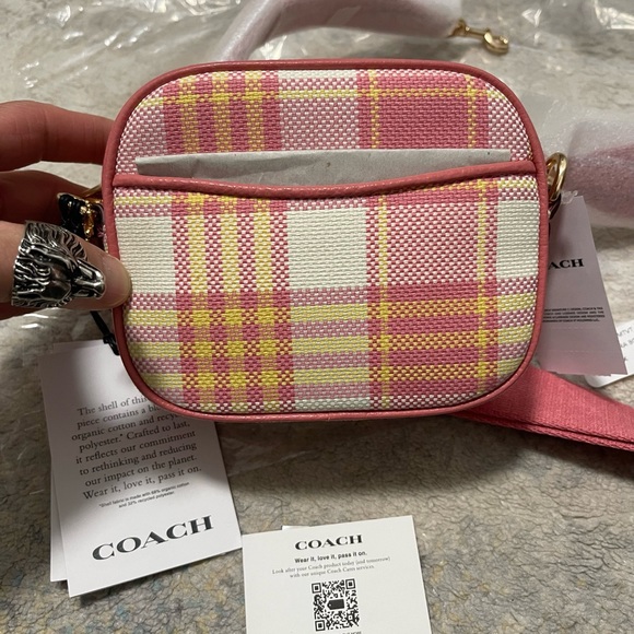 NWT Coach Mini Dempsey Camera Bag With Garden Plaid Print & Patch In Gold/Taffy - Picture 11 of 13